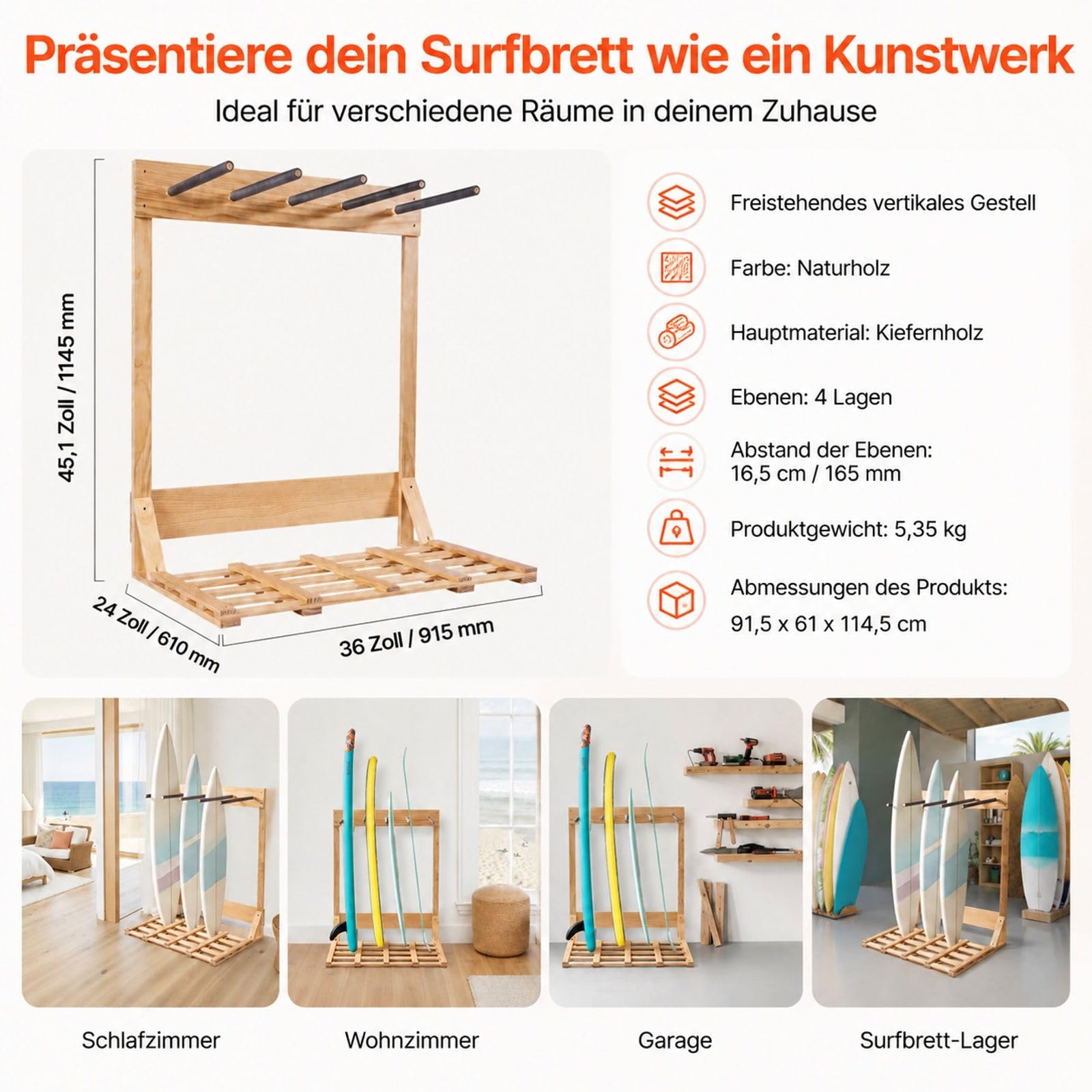 Vertikaler Surfbrettständer aus Holz, freistehendes 4-stufiges Boardregal zur Aufbewahrung und Präsentation für Snowboards, Wakeboards, Kitesurfs, Shortboards und Skier