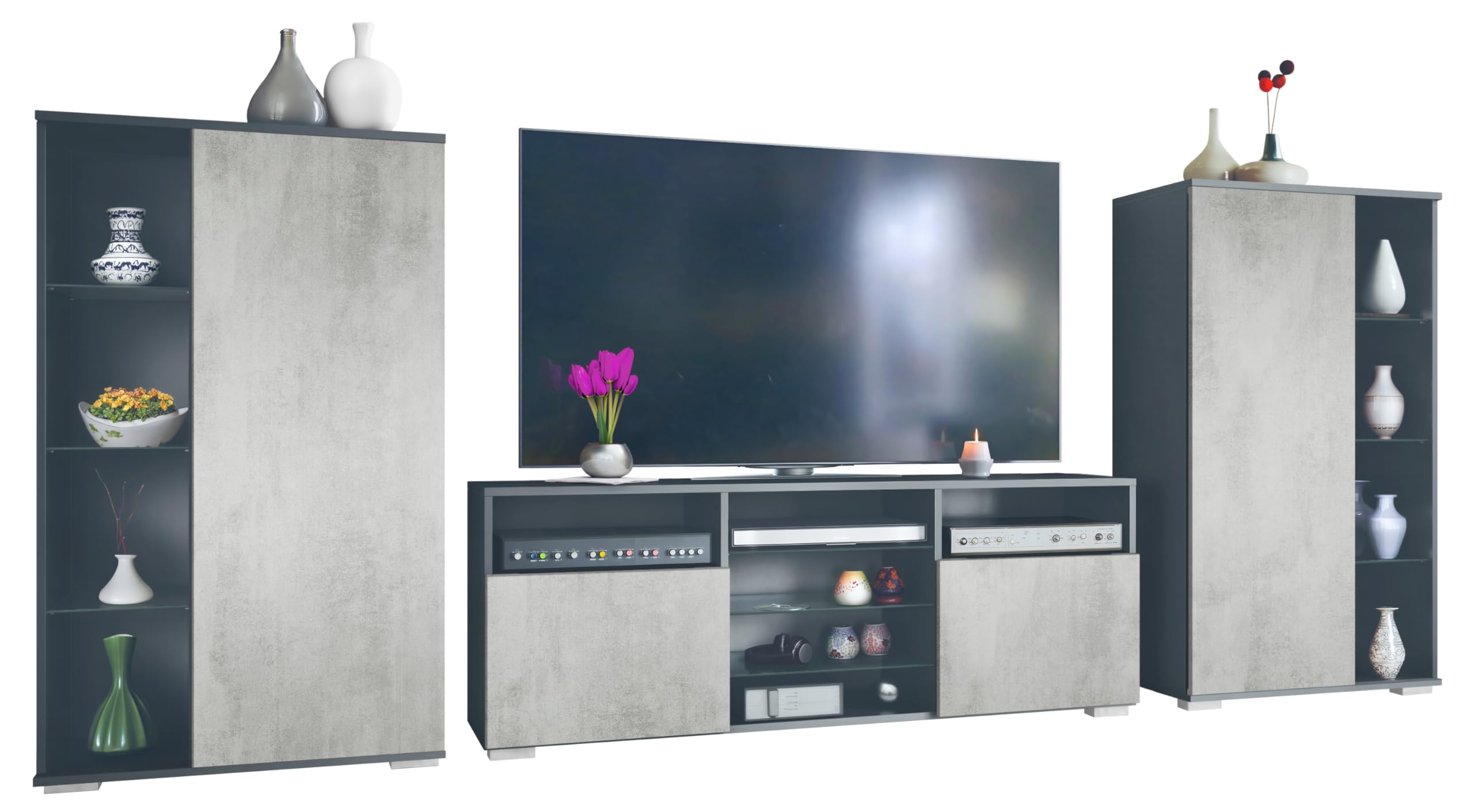 Vladon Mobile Parete Davos per Soggiorno, Composto da 2 vetrine e 1 Mobile TV, Antracite Opaco/Ottica cermento ossido (329 x 134 x 35 cm)