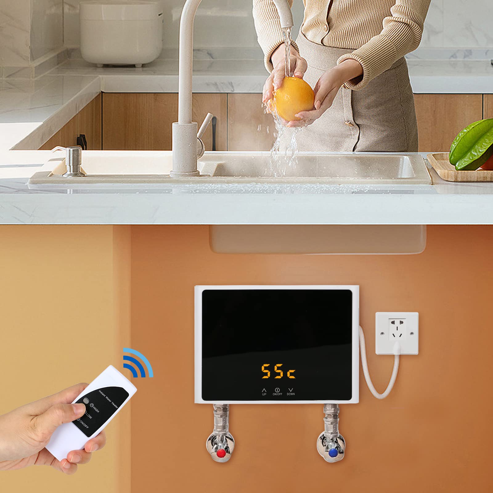 Mini calentador de agua eléctrico, 220 V, 3000 W, con panel LED digital, sin depósito, para baño, cocina (3000 W, blanco + negro)