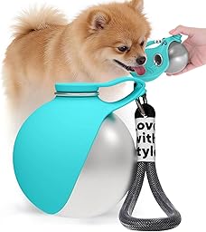 Trinkflasche Hunde für Unterwegs, 285 ml Edelstahl Hunde Trinkflasche mit Faltbarem Silikonnapf, Auslaufsichere & Kompakte Hundetrinkflasche für Spaziergänge, Wanderungen & Reisen (Blau)