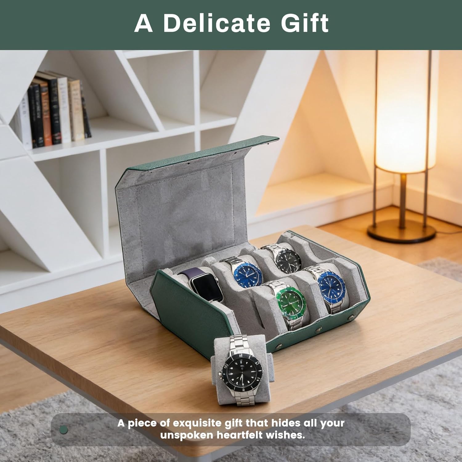 Watch Box for Men, 6-Slot Leather Watch Case with Removable Watch Pillows, Snap Closure Travel Watch Organizer, Luxury Storage Gift for Collectors (green)