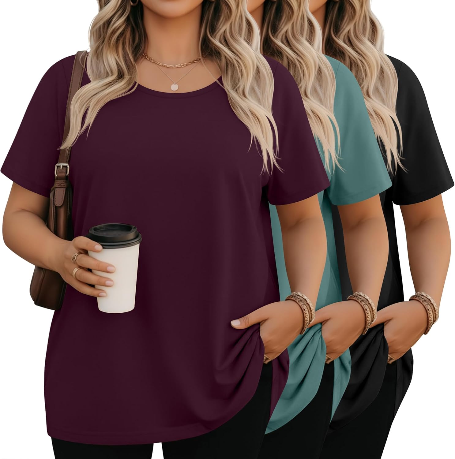 3 Pack Plus Size Shirts for Women Short Sleeve Crew Neck Tops Loose Fit T-Shirts Casual Basic Tees Summer Workout