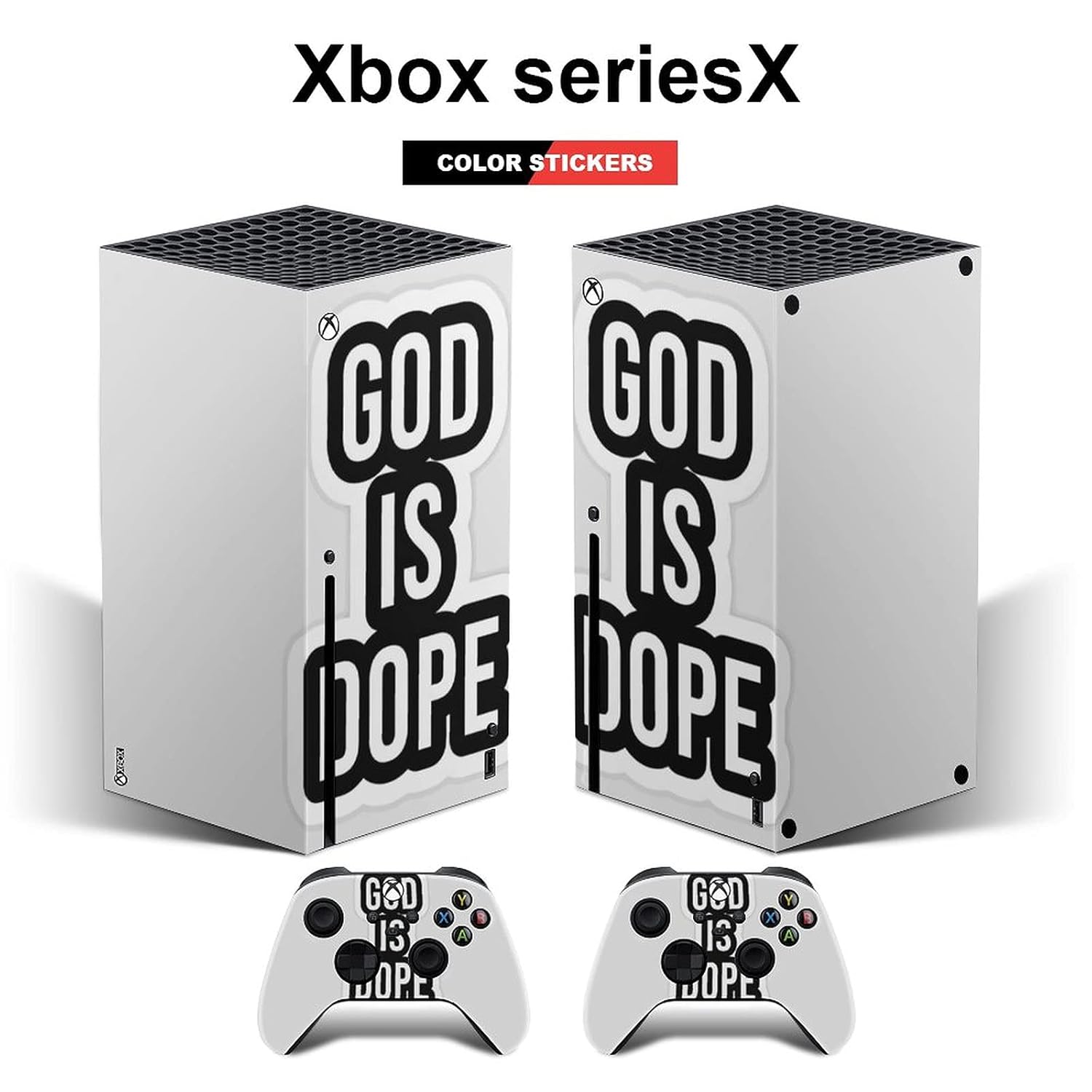 Xbox series X console and controller skins God Is Dope