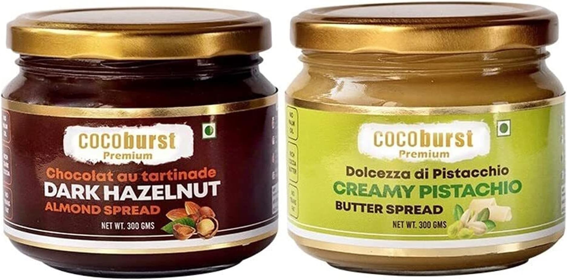 - Cocoburst Nut Spread Combo – Pistachio & Dark Chocolate Hazelnut Almond Spread – 2 x 300g | Creamy Chocolate & Pistachio Butter | No Palm Oil | No Preservatives | High Protein | Vegetarian