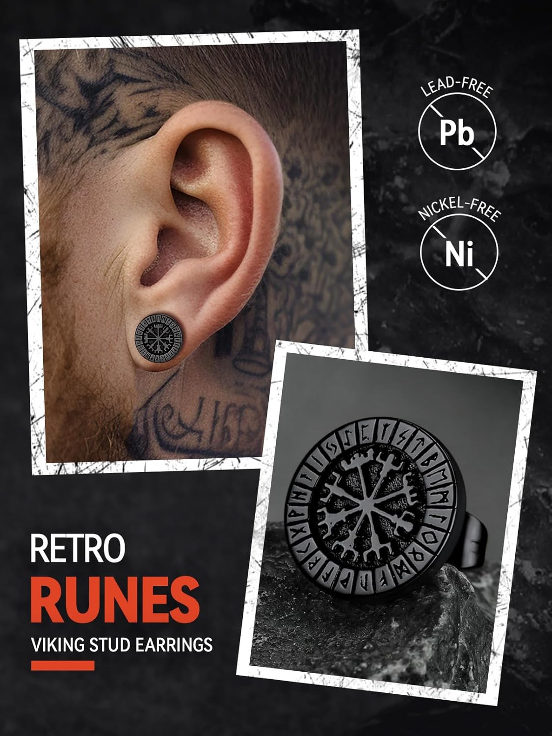 FaithHeart Viking Runes Stud Earrings for Men Silver/Black/Gold Stainless Steel Lightweight Earrings Retro Norse Mythology Jewelry with Gift Box - Image 3