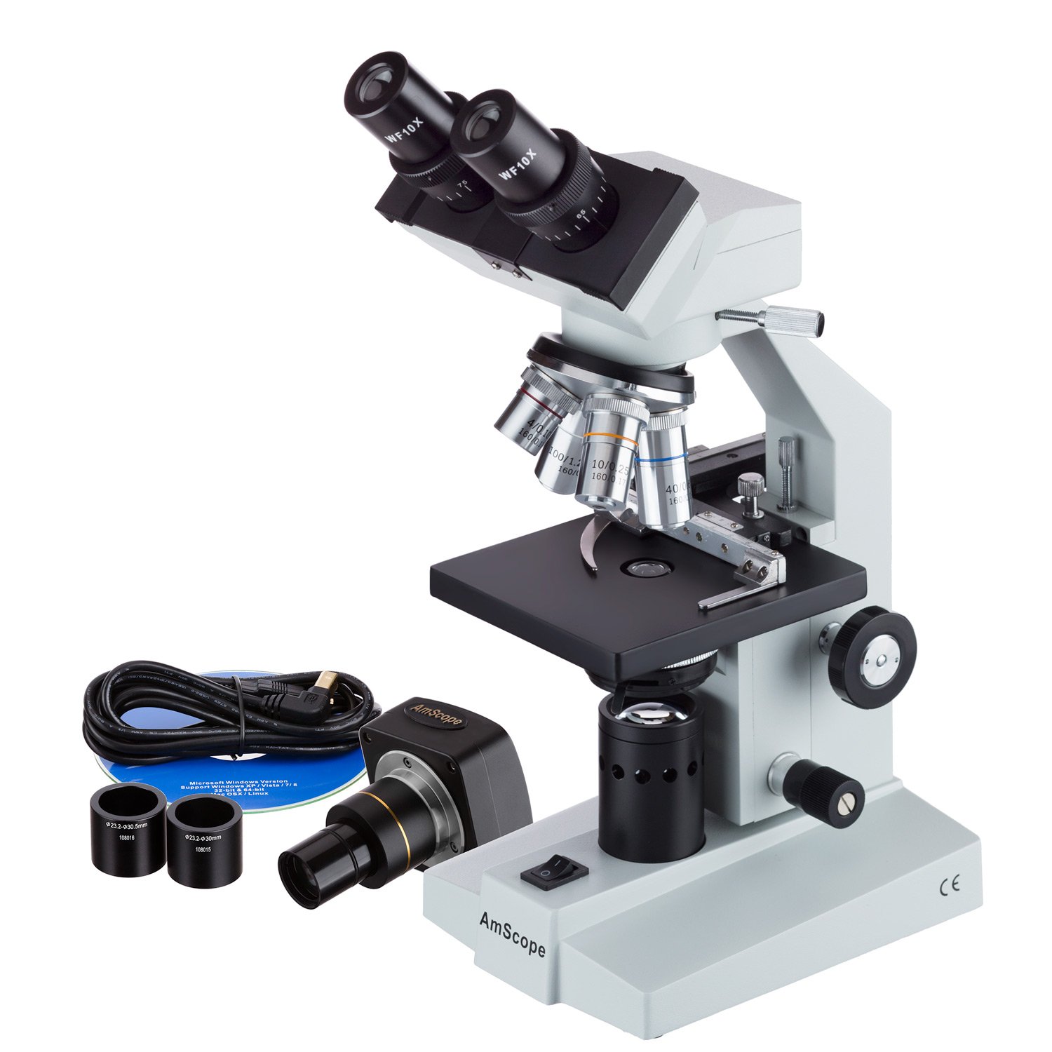 AmScope B100B-MS-3M 40X-2000X - Microscopio binoculare + fotocamera digitale da 3 MP + palco Mech.