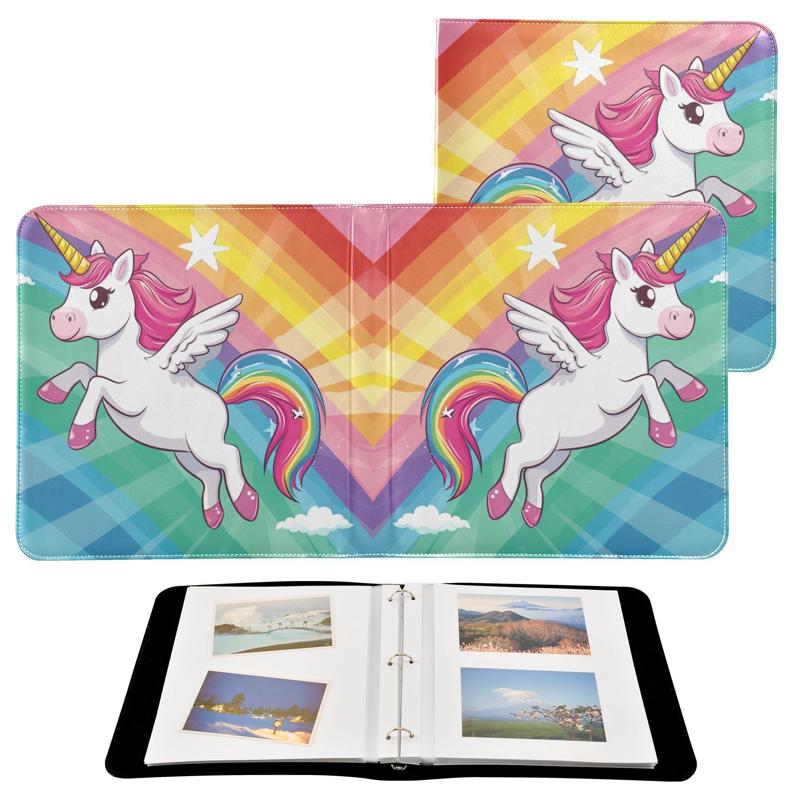 JIPONI Cute Unicorn Fly Large Photo Album, DIY Leather Cover Scrapbook Albums for 4x6 5x7 6x8 Pictures, Self Adhesive Memory Book for Wedding, Baby, Family