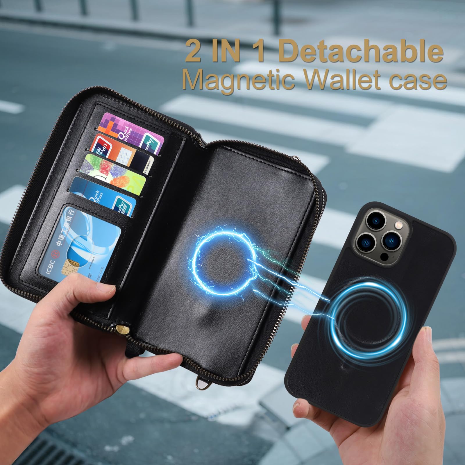 Harryshell Kompatibel mit iPhone 13 Pro Max 6,7 Zoll 2021, Brieftasche, mehrere Reißverschlüsse, abnehmbare magnetische Hülle, Geldbörse mit Kartenfächern, Spiegel, Crossbody (kompatibel mit Magsafe
