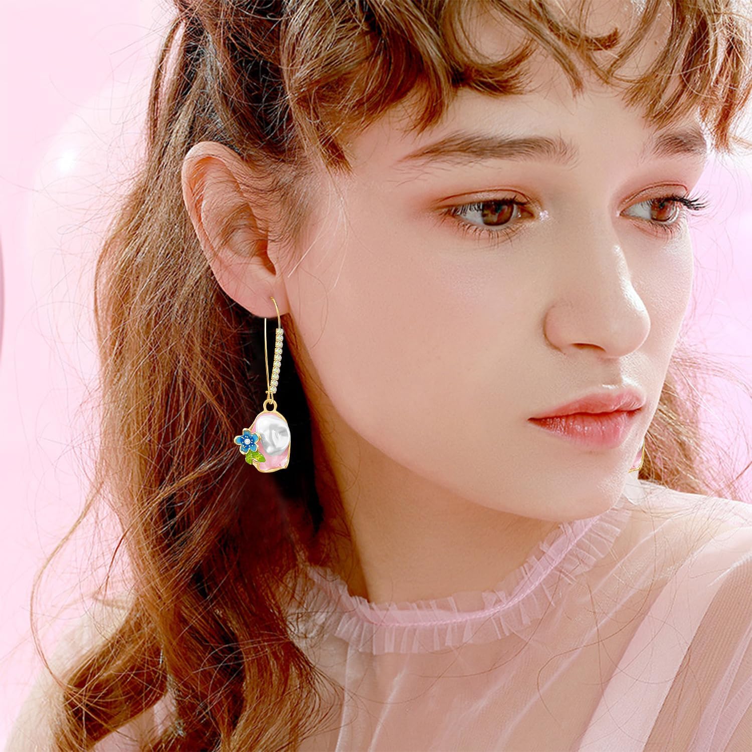 14k Gold Sparkly Crystal Enamel Flower Leverback Earrings Pearl Oval Picture Frame Dangle Drop Earrings For Women - Image 2