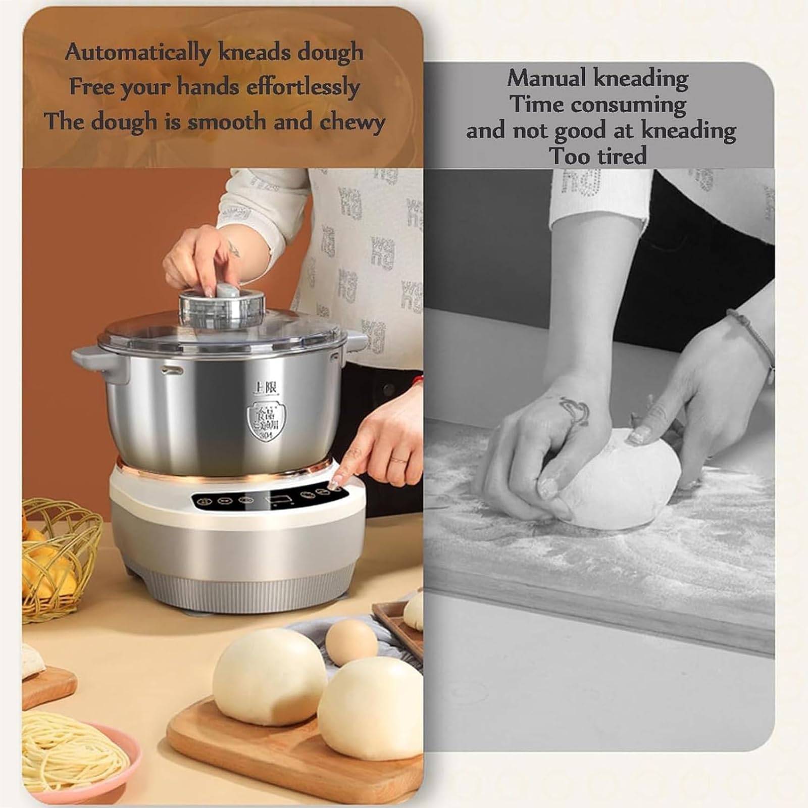 Máquina Automática para Masa 5L/7L, Amasadora Inteligente con Función de Fermentación y Temporizador, Control por Panel Táctil, Diseño Desmontable, Para Pan, Pizza, Bollos y Repostería 7L