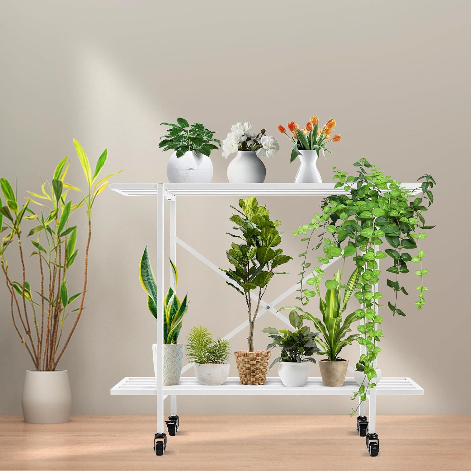 Metal Plant Stand with Wheels, 2 Tier Indoor Outdoor Plant Shelf for Multiple Plants Potted, Tall Plant Shelf Flower Pot Holder for Living Room Balcony Garden (White)