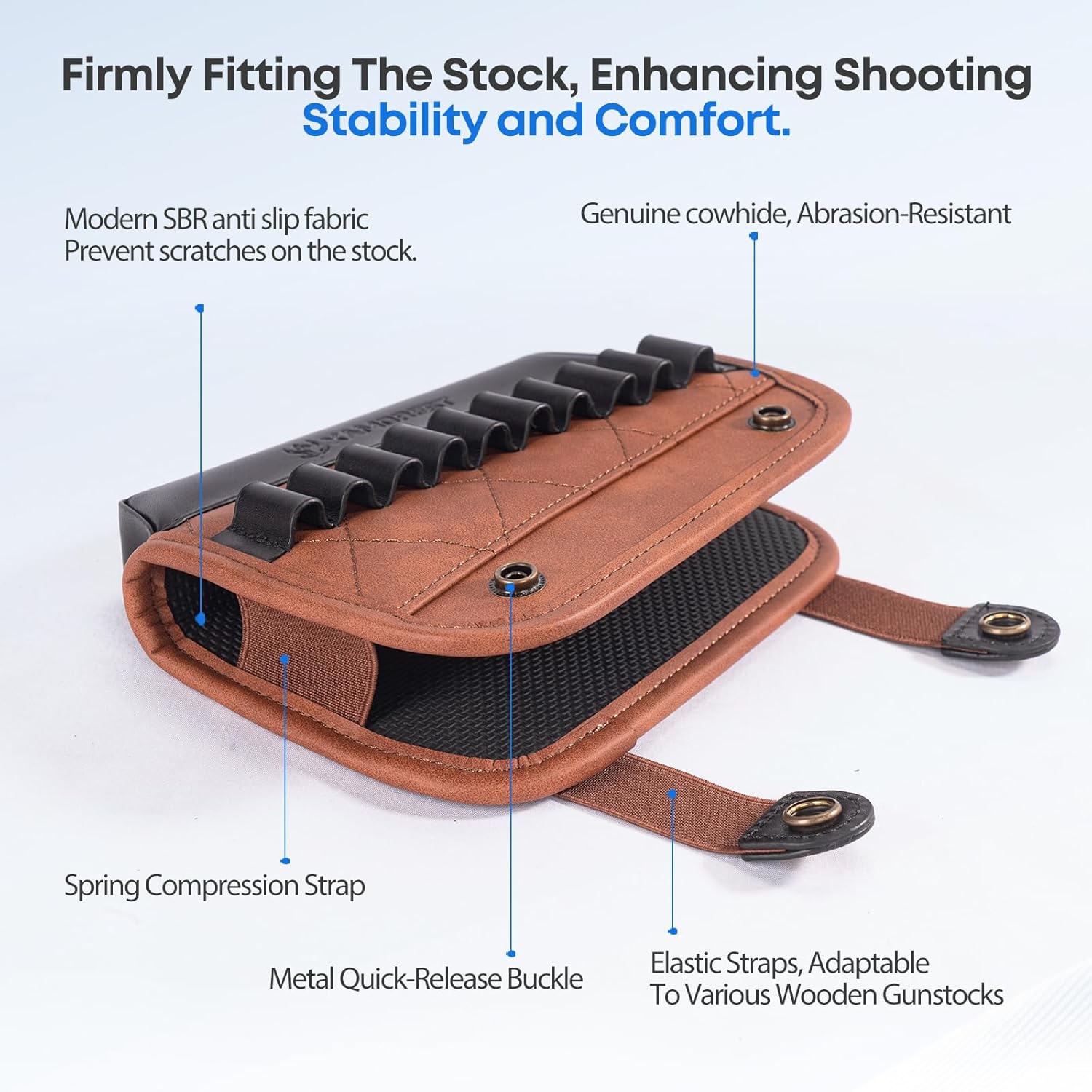 Hunting Buttstock Ammo Cartridge Leather Holder, Rifle Shooting Cheek Rest Riser Pad
