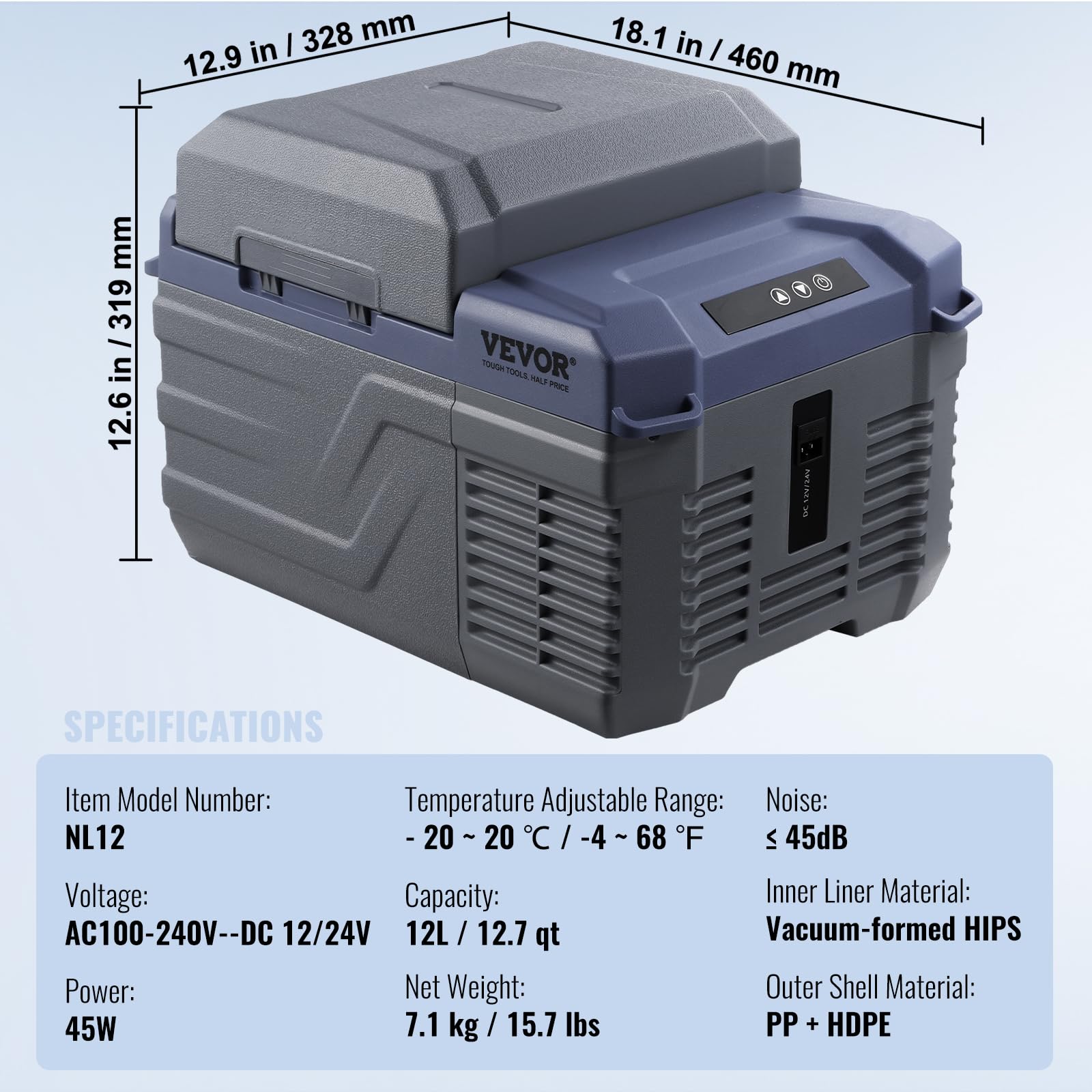 VEVOR Przenośna lodówka samochodowa 12 V, zamrażarka 12 l, regulowany zakres od -20 ~ 20°C, 12/24 V DC / 100-240 V AC, chłodnica kompresorowa do użytku na zewnątrz, na kemping, do kampera