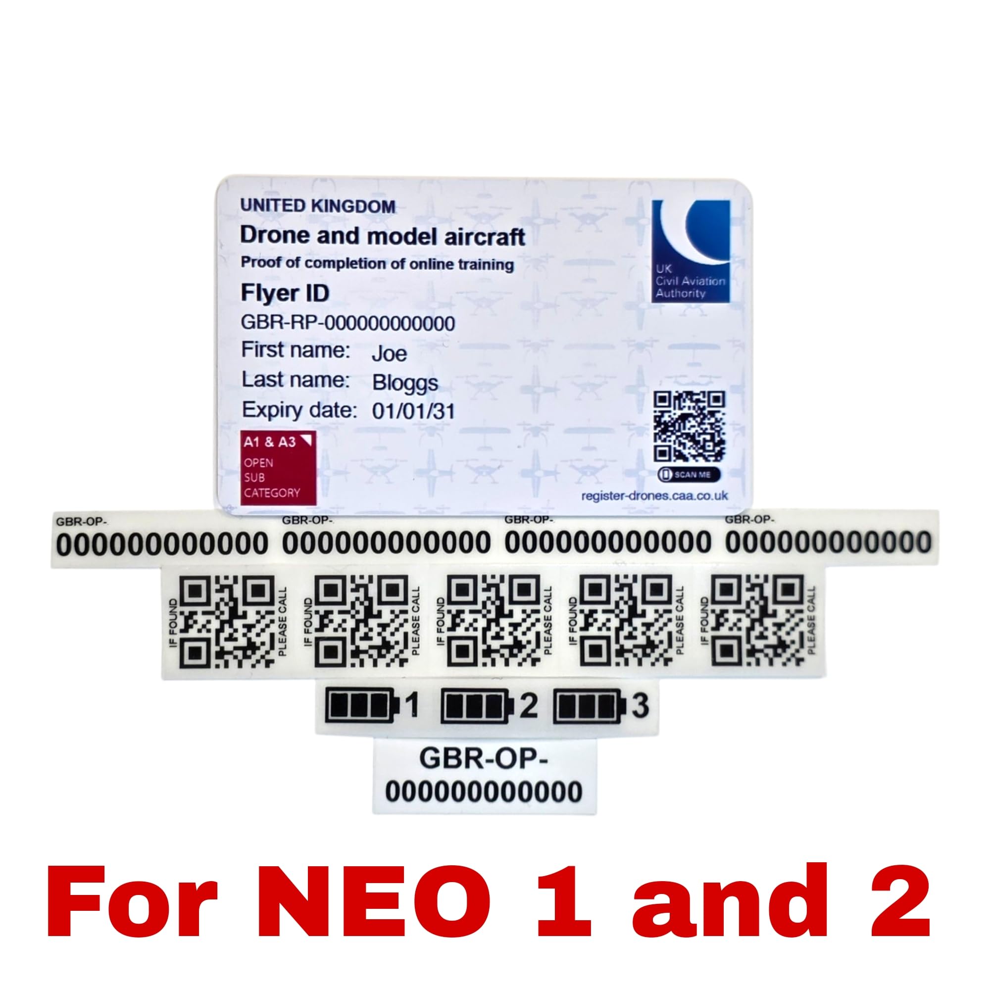 NEO 1 and 2 Flyer ID Drone ID Card | Laminated Operator ID Stickers | Bundle