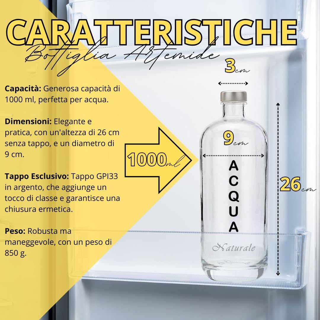 Juego de 4 botellas de cristal modelo Artemide, 1 litro, serigrafía 4 natural, tapón de rosca color plata | Botella de cristal agua
