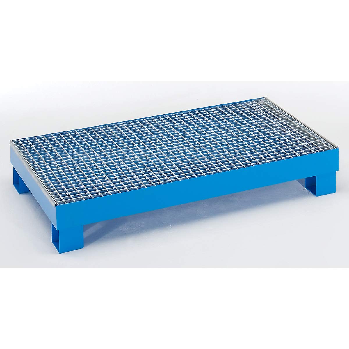 eurokraft | Stahl-Auffangwanne für 200-l-Fässer | LxBxH 1200 x 800 x 360 mm | mit Zulassung | Blau pulverbeschichtet | mit Gitterrost