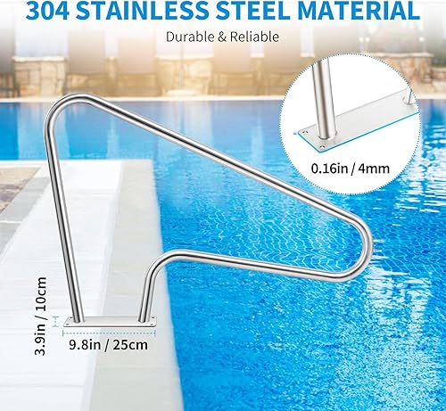 Miniatura 2 de Barandilla de piscina de 39 x 30 pulgadas, acero inoxidable 304, capacidad de carga de 250 libras, color plateado, a prueba de óxido, barandilla