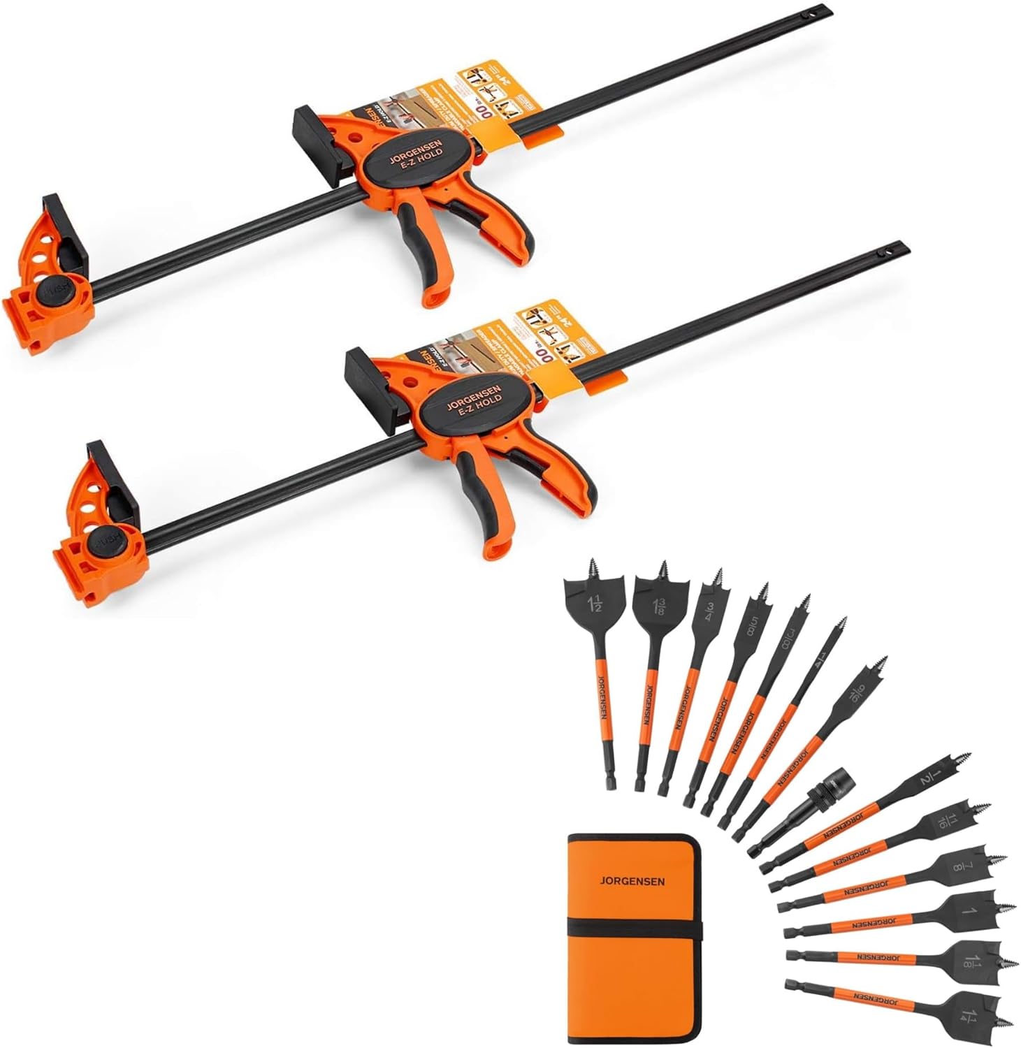 Jorgensen 24" One Hand Clamp/Spreader and 14-Piece Spade Drill Bit Set with Quick-Load Connector