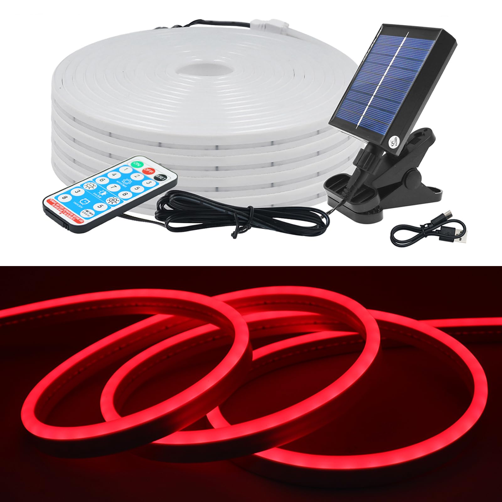 KISUFU 24V Solar LED Neon Strip Lights Outdoor, IP67 Waterproof 120 LEDs/m Dimmable 2835 Neon Light with 1.2W Clip Solar Controller for Yard Garden Decor. — image 1