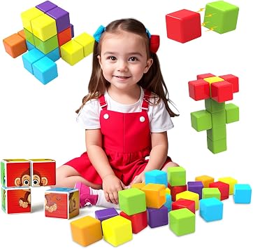 Magnetic Building Blocks & Magnetic Puzzle Toys for Toddlers, Large Building Blocks Cubes 1.65 Inches, Sensory & Montessori Toys for Boys & Girls 1 2 3 Years Old28pcs