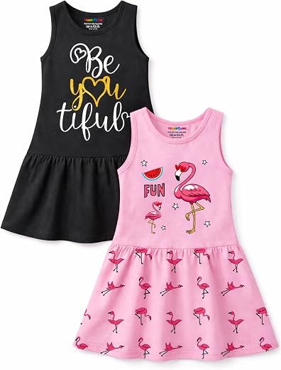 Trampoline Girls Sleeveless Dress Pack of 2 | Printed Frock Set for Kids | Soft Summer Wear Casual Dresses | Lightweight P...