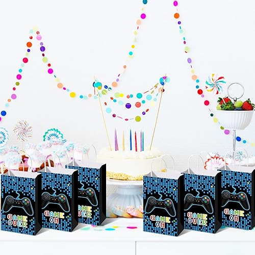 Miniatura 4 de Faccito 24 bolsas de regalo de fiesta de videojuegos, bolsas de dulces de cumpleaños, bolsas de golosinas, decoraciones de fiesta azules con asas