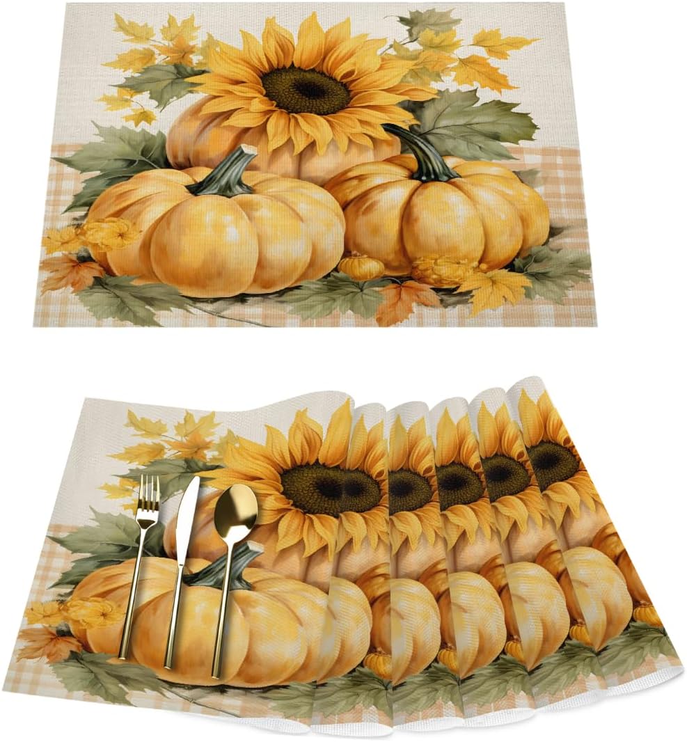 Non-Slip Heat Resistant 12x18 Inch Placemats Set of 6, Fall Pumpkins Autumn Thanksgiving Sunflowers Harvest Place Mats for Kitchen Table Indoor/Outdoor Washable