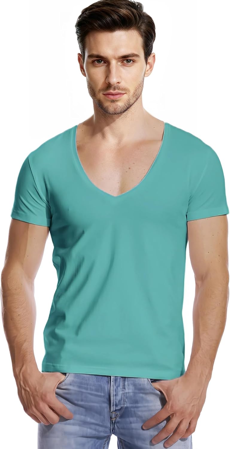 Mens Deep V Neck T-Shirts Vneck Tshirt Low Cut Undershirts Slim Fit Short Sleeve Tees