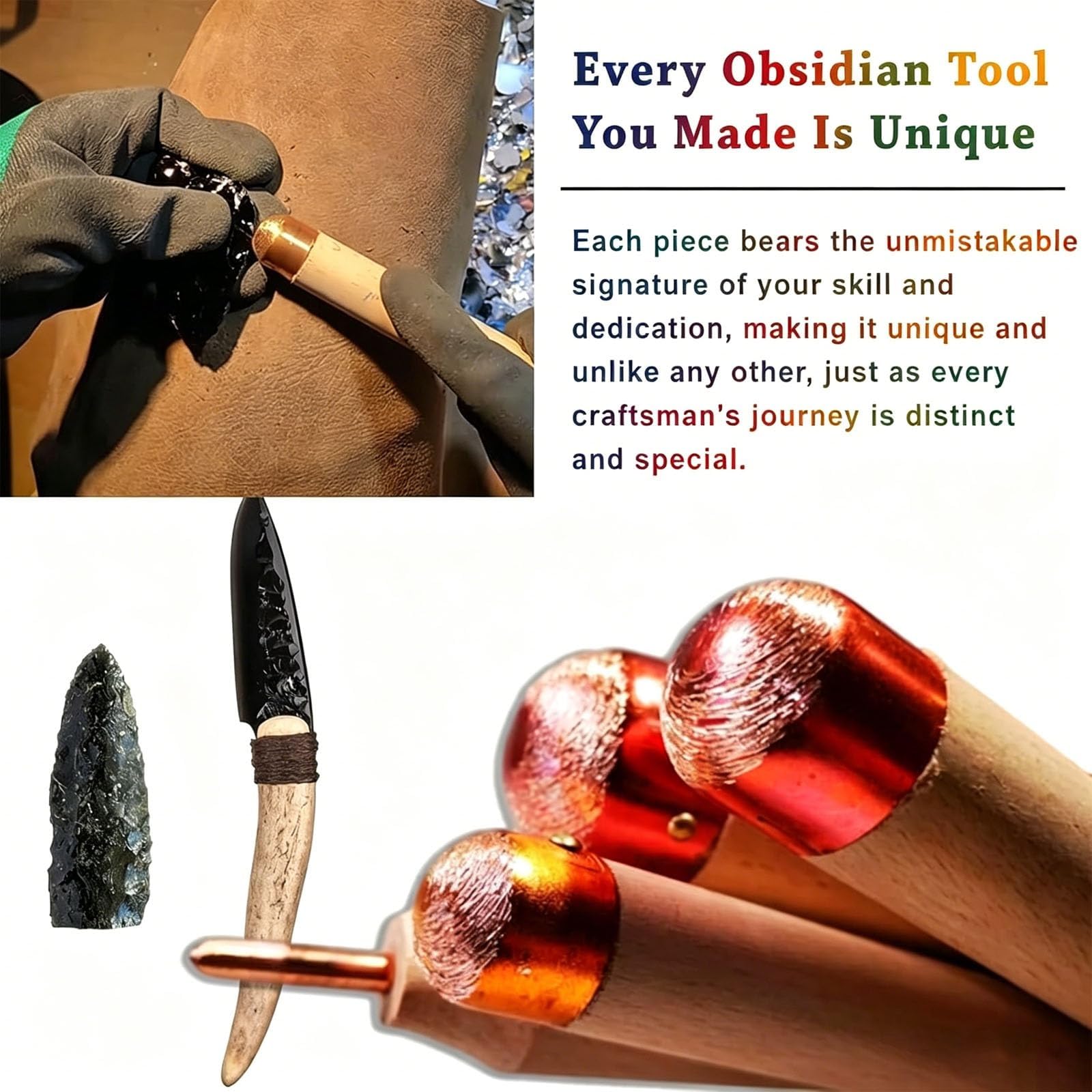 Kit de Herramientas para Tallado de Piedra y obsidiana (15 Piezas): Incluye percutores de Cobre, retocadores a presión, Varillas de retoque y Herramientas para Muescas; Apto para Principiantes