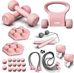 HTQ Adjustable Dumbbells, 5 in 1 Dumbbells Set Used as Barbell, Kettlebells, Jump Rope, Wrist Weights, Resistance Band, Fitness Exercises for Home Gym Suitable for Women, Pink/Green