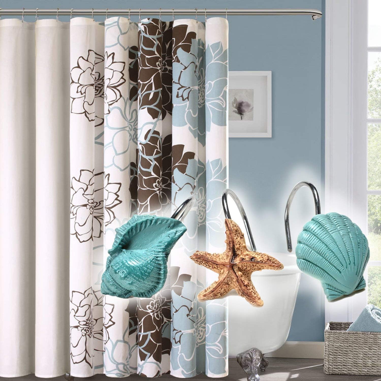 AGPtek 12 PCS Fashion Decorative Home Bathroom Seashell Shower Curtain Hooks (Seashell: Blue, Starfish: Tan, Conch: Blue) : Home & Kitchen
