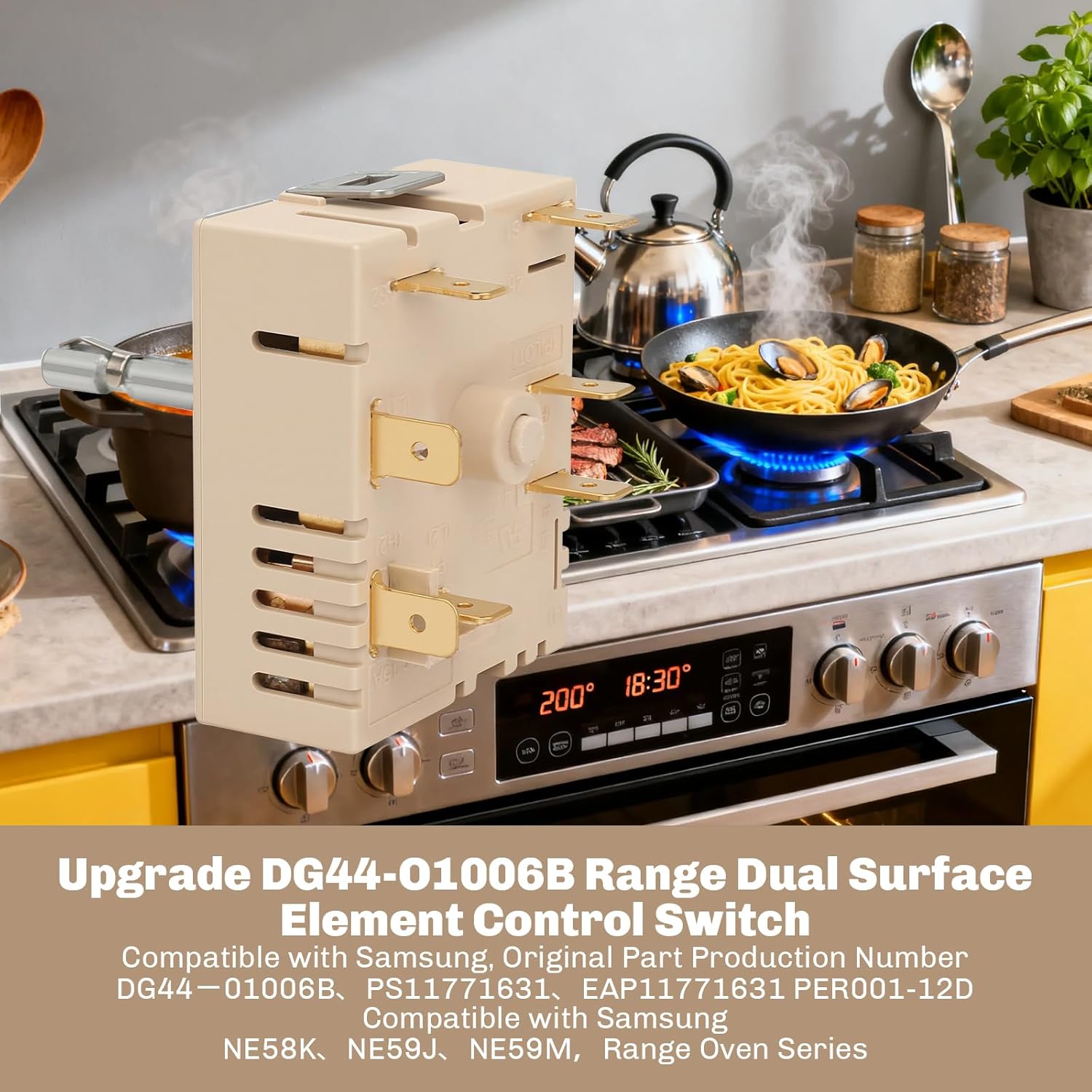 This DG44-01006B/PER001-12D two-position rotary switch is compatible with Samsung gas stove control panels and can be used for replacement and repair of gas stove components.