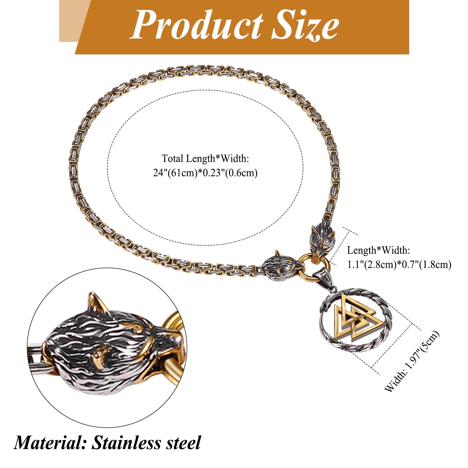 JewelryWe Wikinger Wolf Halskette Herren Wolfskopf Valknut Thors Hammer Anhänger mit Königskette Mjolnir Edelstahl Kette Nordische Mythologie Amulett Schmuck für Männer