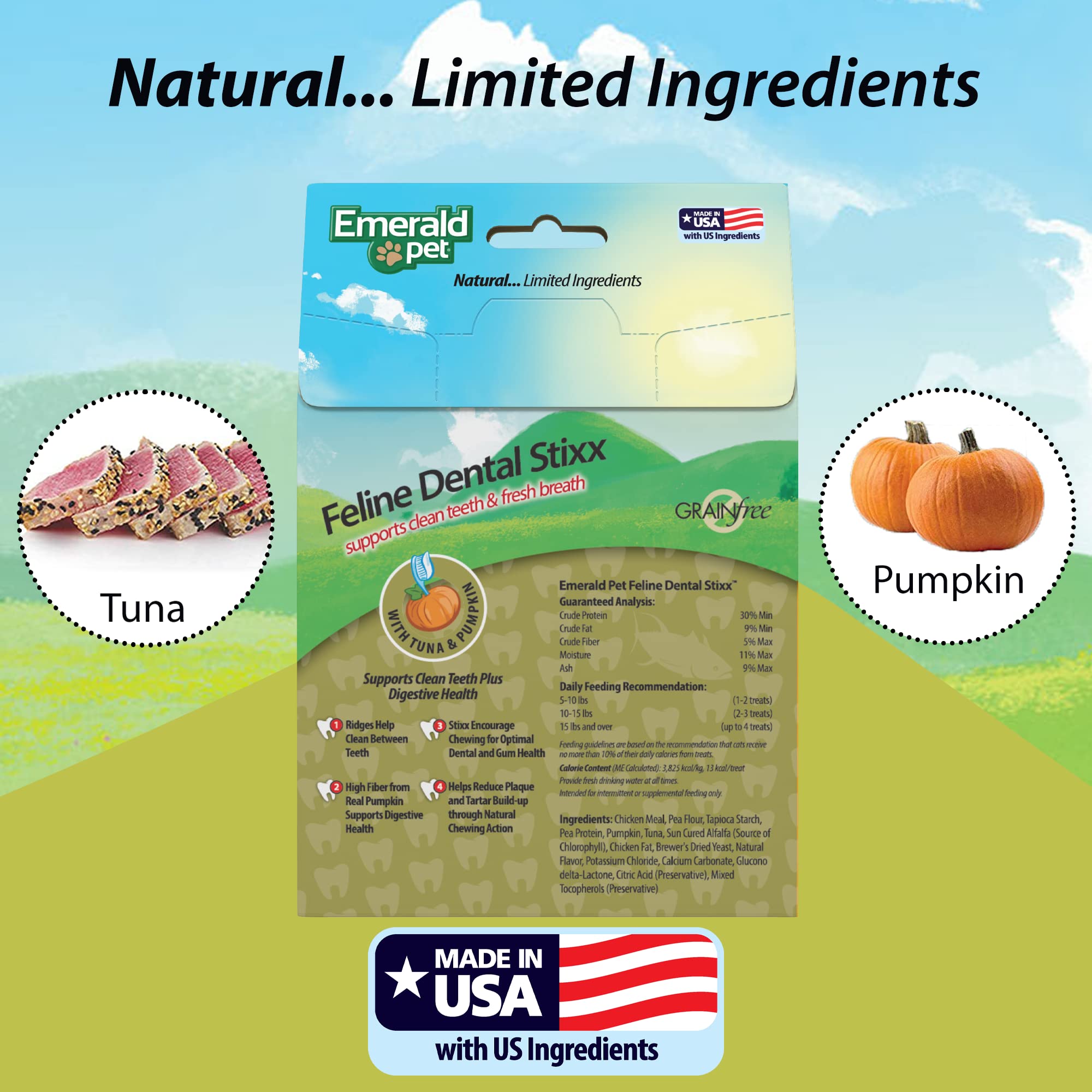 Emerald Pet Feline Dental Stixx — Tasty and Crunchy Cat Sticks with Pumpkin for Digestive Health — Natural Grain Free Treats for Clean Teeth and Fresh Breath — Tuna, 3.6 oz - image 5
