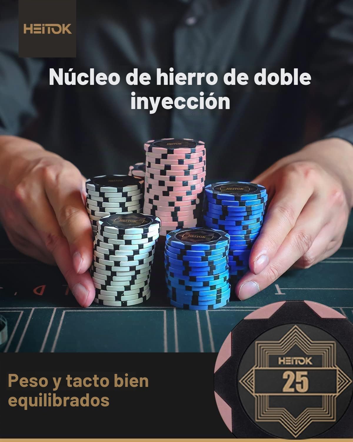 HEITOK Set de Fichas Poker Clay Composite 500 pzs 14g con maletín | 500 fichas, 14g, clay composite, valores numerados, 2-10 jugadores, Texas Holdem y Blackjack