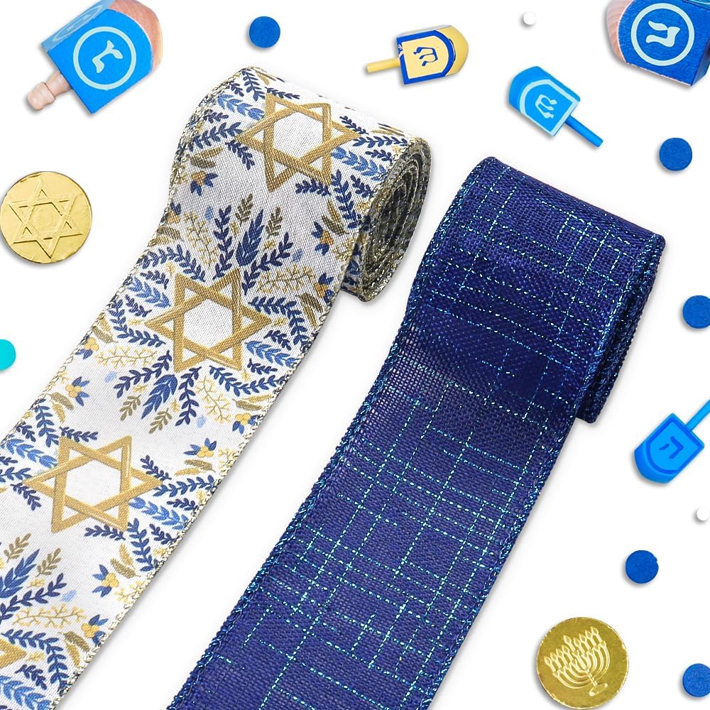 ABTOLS 2 Roll 10 Yards Hanukkah Ribbons, 2.5" Star of David Wired Edge Burlap Ribbon Glitter Blue White Gold Jewish Christmas Branch Ribbon for Chanukah Party Decor Gift DIY Crafts Wreaths Bow