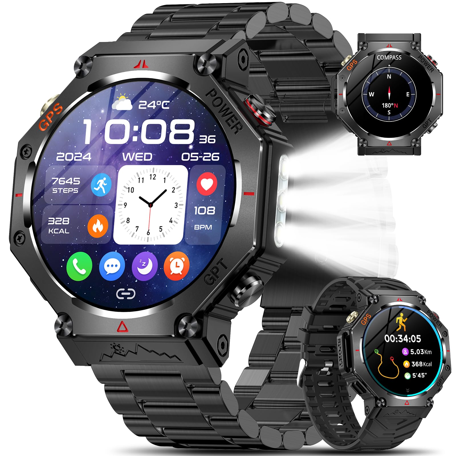 MARSYU Reloj Inteligente Hombre GPS,1.43" HD Smartwatch con Llamadas Bluetooth/Linterna/Brújula/Frecuencia Cardíaca/SpO2/Sueño,5ATM con 650mAh,107+ Deportivos Smart Watch para Android iOS(Negro Acero)