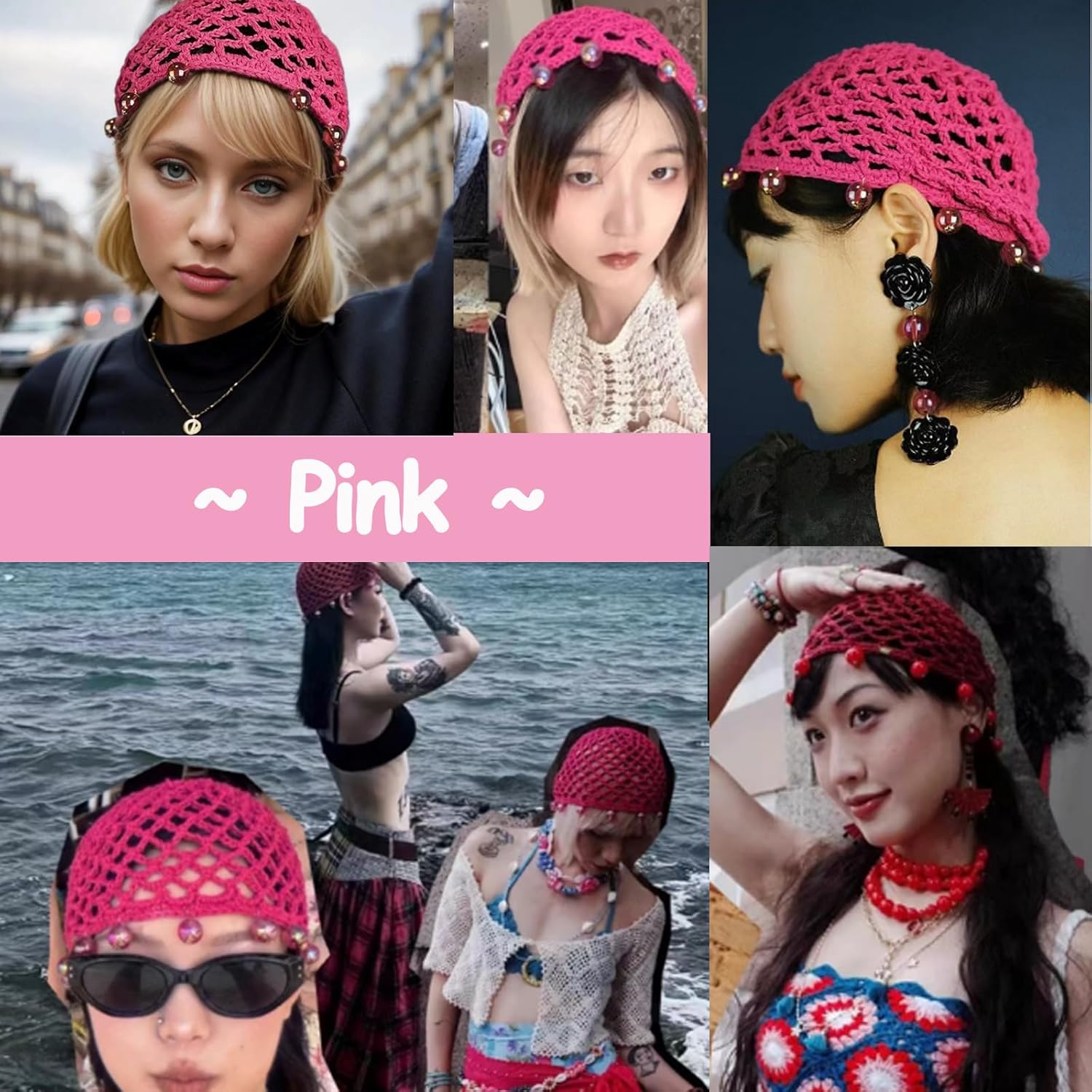 1pc Pink Crochet Hair Mesh Cap with Pearls Knitted Soft Knitting Snood Hair Deco Accessory for Women Girls - Image 4
