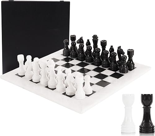 Juego de ajedrez de mármol para adultos de 15 pulgadas, hecho a mano, juego de mesa blanco y negro con 32 piezas de ajedrez, 2 reinas adicionales y