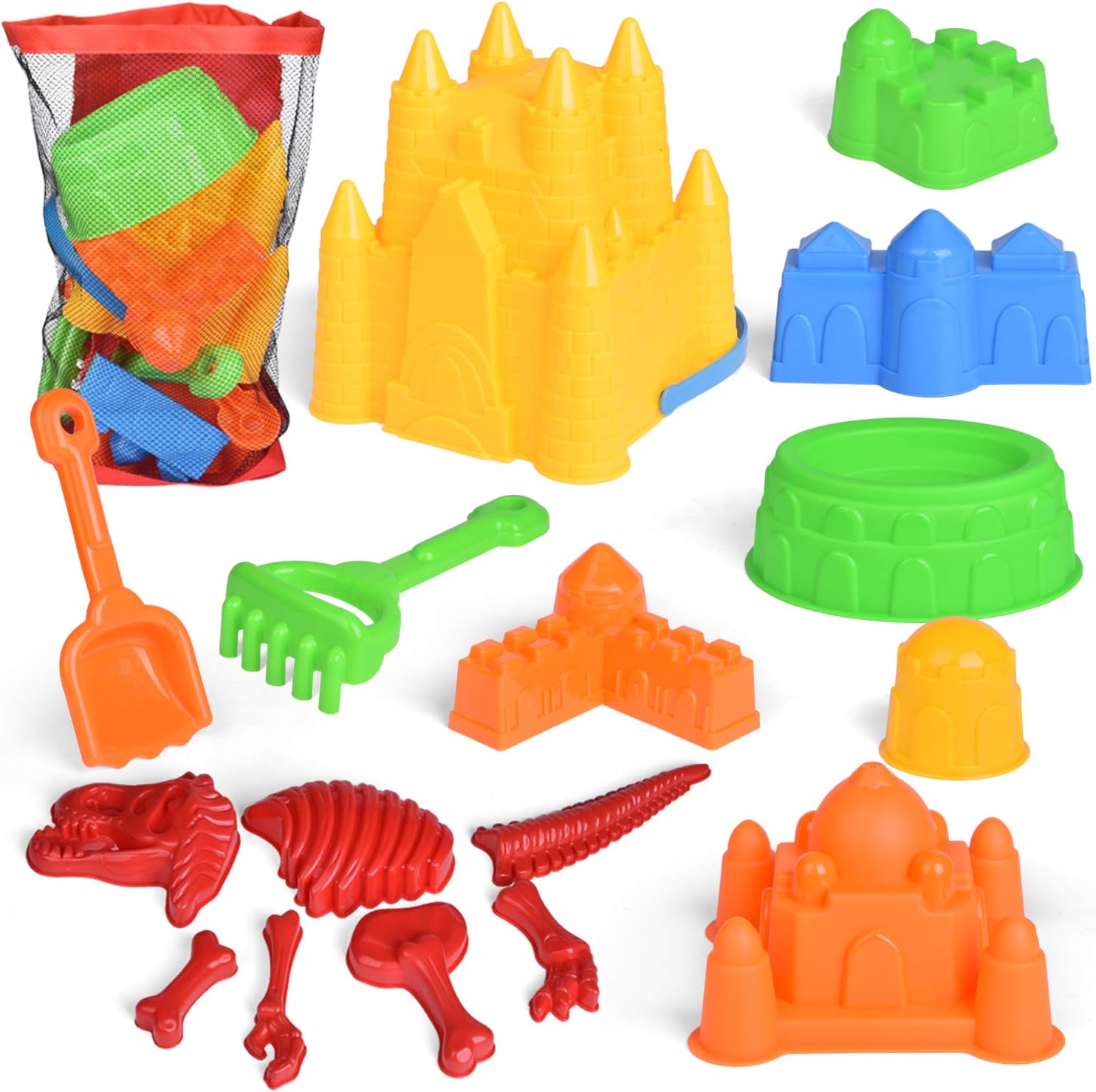 FUN LITTLE TOYS 17Pcs Sand Molds Beach Toys, Sand Castle Building Kit, Dinosaur Animal Sandbox Toy Set with Sand Tools Mesh Bag, Snow Toys for Kids Boys Girls Winter Outside Playset