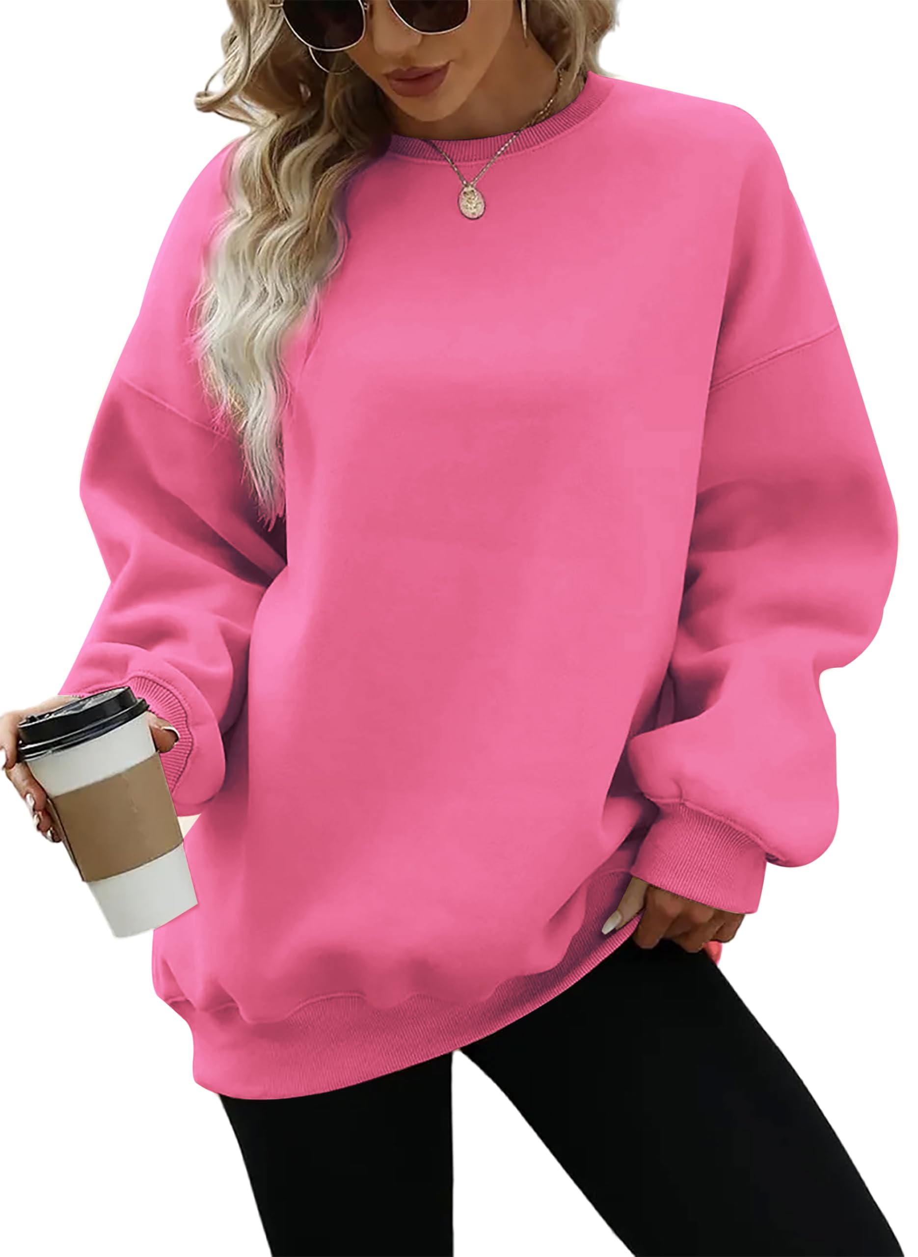Timuspo Bluza damska, oversize, podstawowy pulower z długim rękawem, polar, okrągły dekolt, sweter damski, długi rękaw, sportowa, odzież uliczna, jesienno-zimowa bluza, różowa, XXL