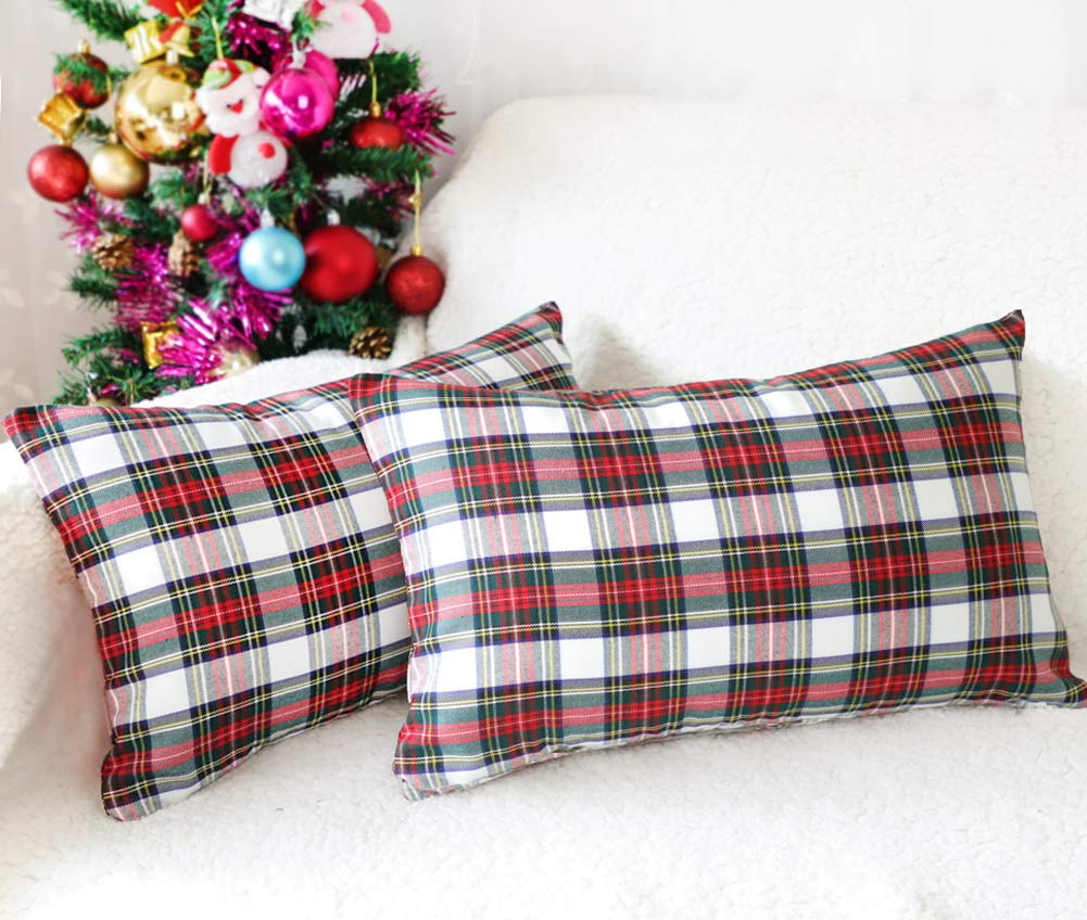 4TH Emotion Set of 2 Christmas Scottish Tartan Plaid Throw Pillow Covers Cushion Case Polyester for Farmhouse Home Decor Red and White, 12 x 20 Inches