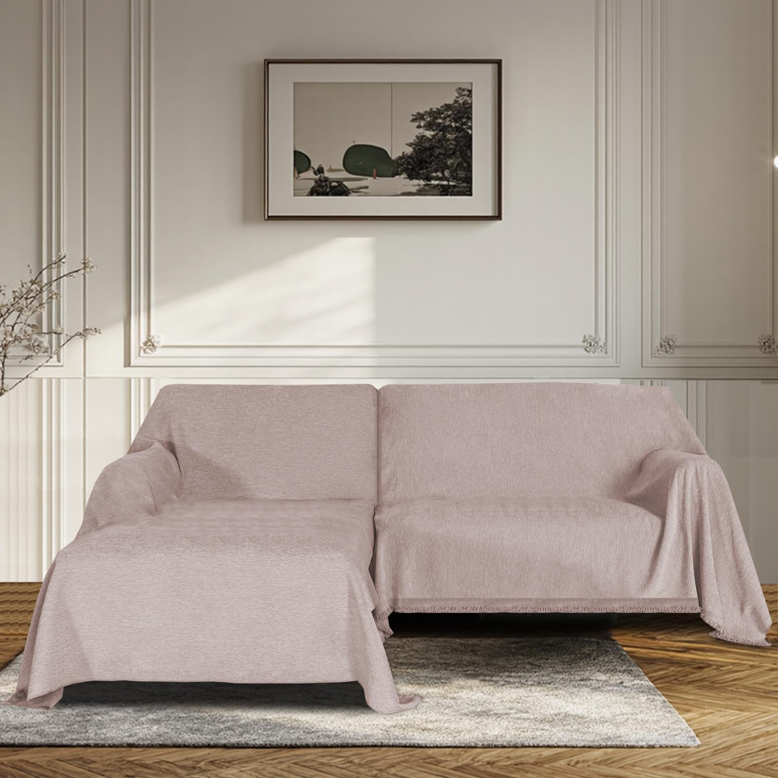 Bellahills Light Camel Sofa Cover 3 Seater Chenille Sofa Covers 2 Seater Armchair Covers L Shape Sofa Slipcover Non-Slip Couch Covers With Tassel Sofa Protector From Dogs, 180X280/180X230cm,