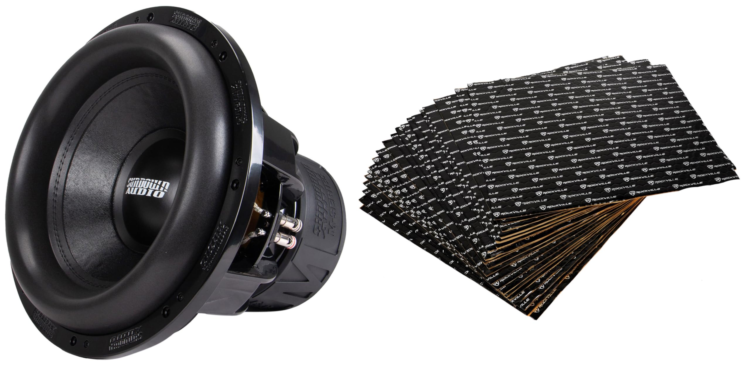 Sundown Audio M15 D2 M-Series Bundle: 15 in 4000-Watt Peak/2000-Watt RMS Car Subwoofer Dual 2-Ohm DVC, RockMat 50-20 50 Sq Ft 80 MIL Sound Vibration Deadener Car Kit, 2-Items