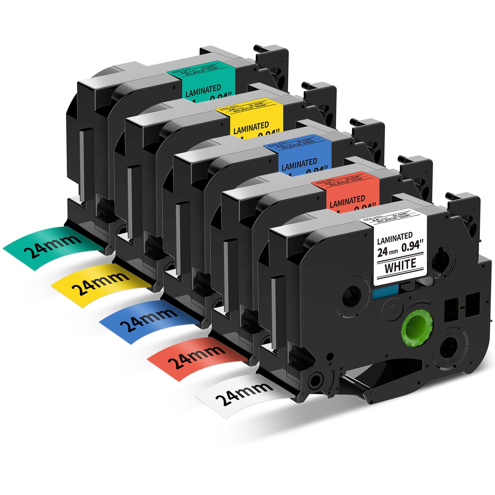 Compatible with Brother PTouch TZe 24mm Laminated 1 Inch Tape TZe251 TZe451 TZe551 TZe651 TZe751 for Brother PT-D600 PT-P700 (Black on White/Red/Blue/Yellow/Green) 5-Pack