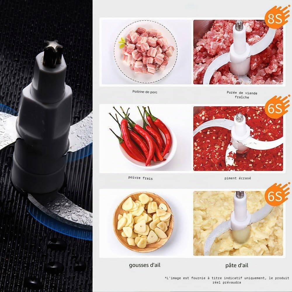 Hachoir Électrique 1500W Multifonction - Mini Hachoir à Viande 8L Avec 3 Vitesses et 4 Lames en Acier Inoxydable - Pour Viande, Légumes, Épices