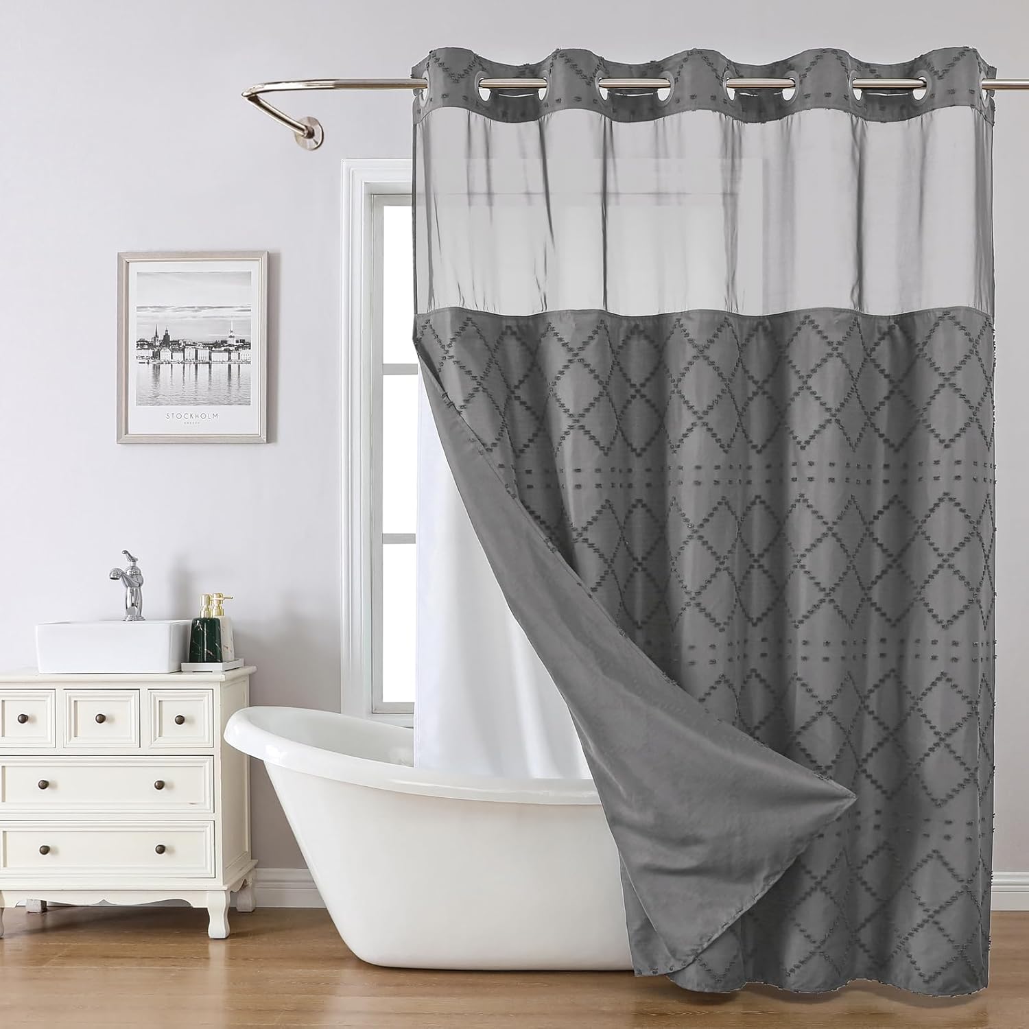 Charcoal Grey No Hook Shower Curtain and Fabric Liner Set, Boho Tufted Chevron Striped and Shabby Chic Textured Shower Curtain with a See-Through Top Window, Hotel Décor, 71" W x 74" H