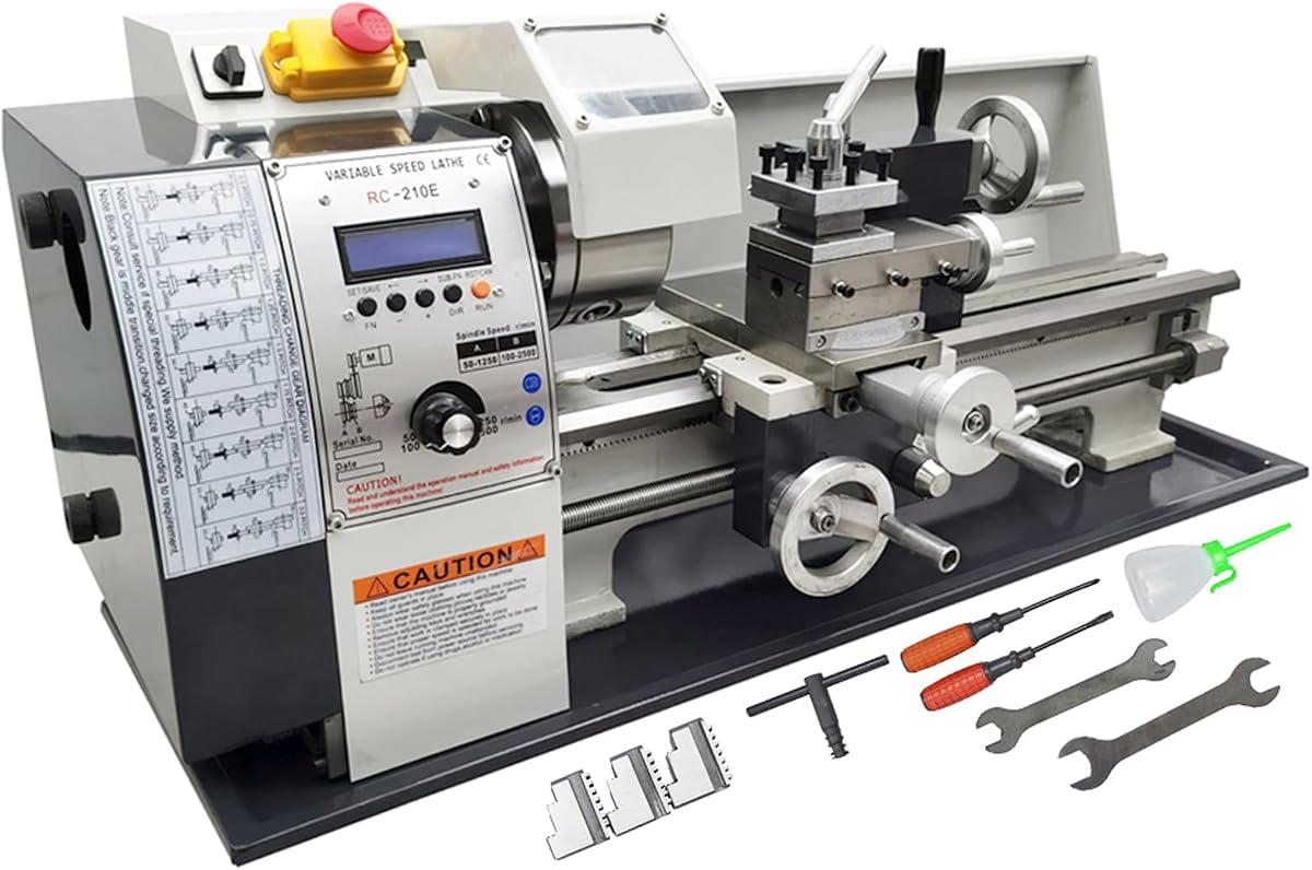 Torno de metal Torno de banco sin engranajes con husillo electrónico de precisión de 8 x 16 pulgadas, rosca de cambio automático entre métrico y pulgadas, motor sin escobillas de 1100 W, mini torno DIY