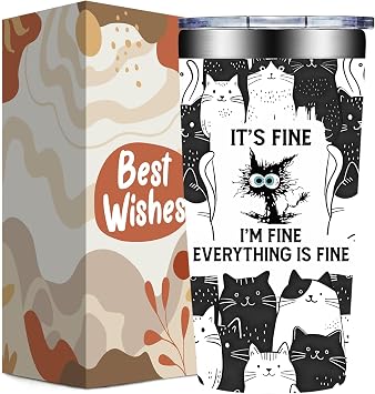 Grifarny Cat Lover Gifts for Women - Christmas, Birthday Gift for Cats Lovers - Black Cat Gifts - Its Fine Im Fine Everything Fines Cat Tumbler Mug 20 oz