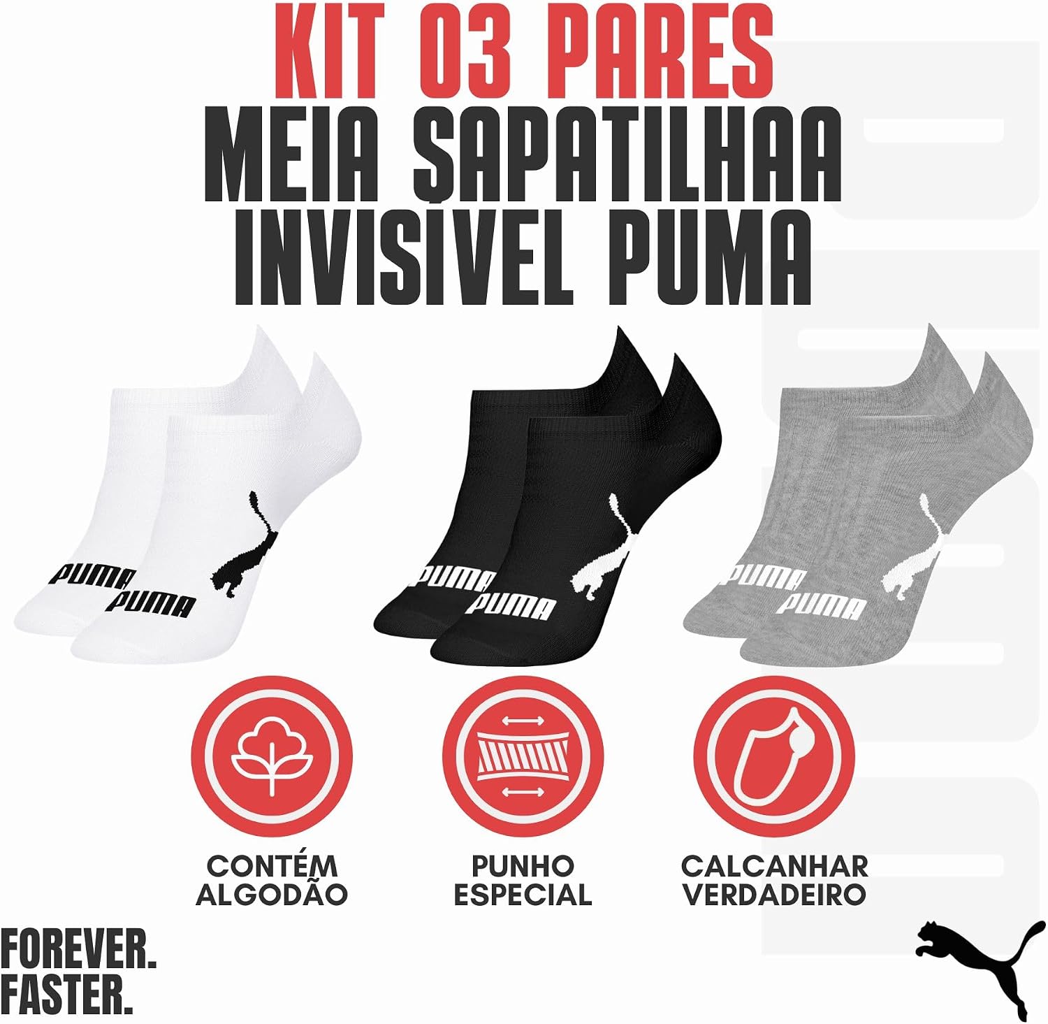 Kit 3 Pares Meia Puma Soquete Sapatilha Invisível Respirável Original